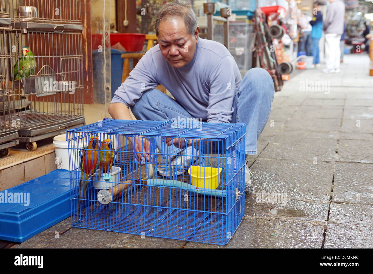 Hong Kong, China, Mann Reinigung einen Vogelkäfig an den Vogelmarkt Stockfoto