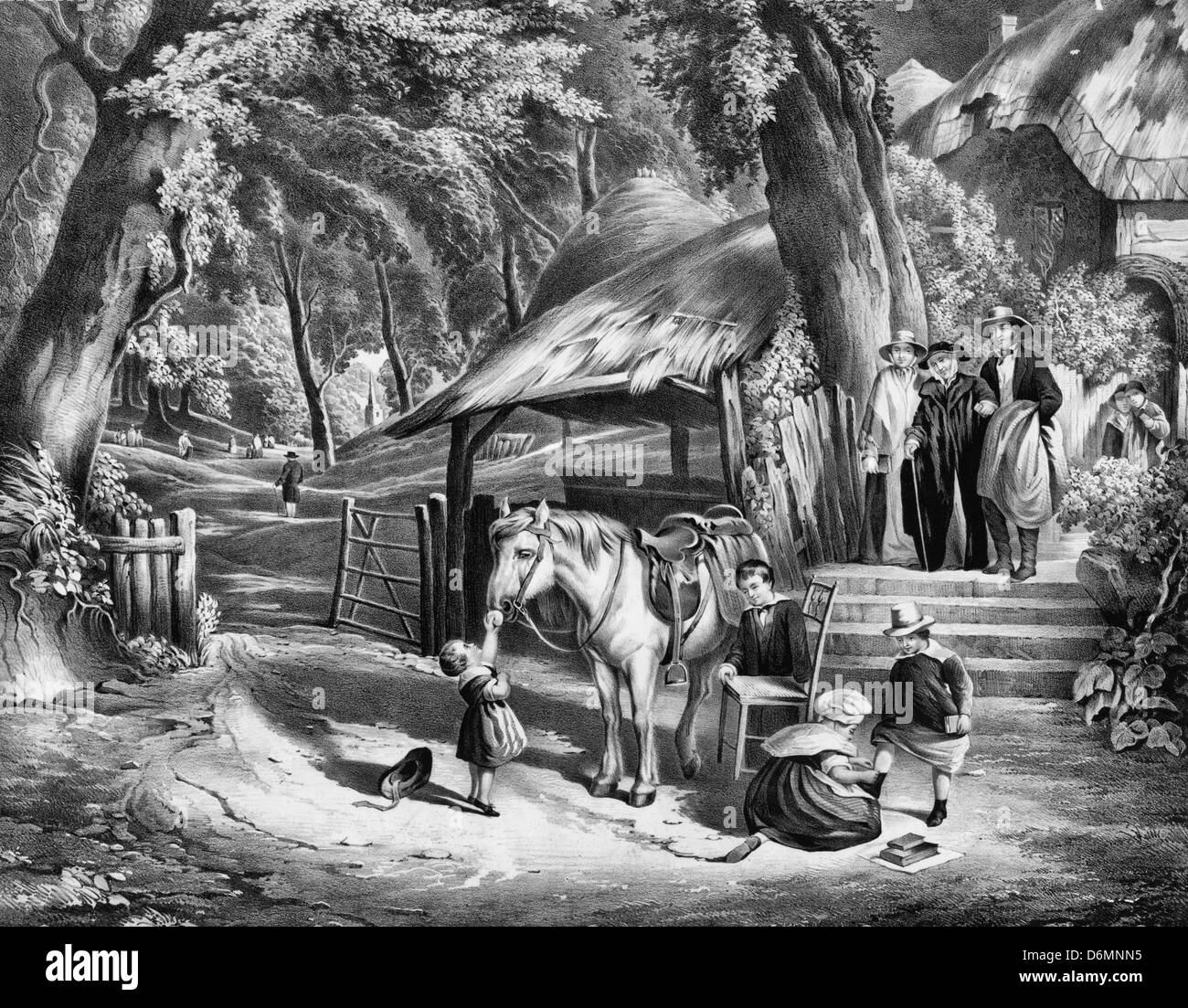 Sonntagmorgen in der alten Zeit - bukolischen Country-Szene, ca. 1850 Stockfoto