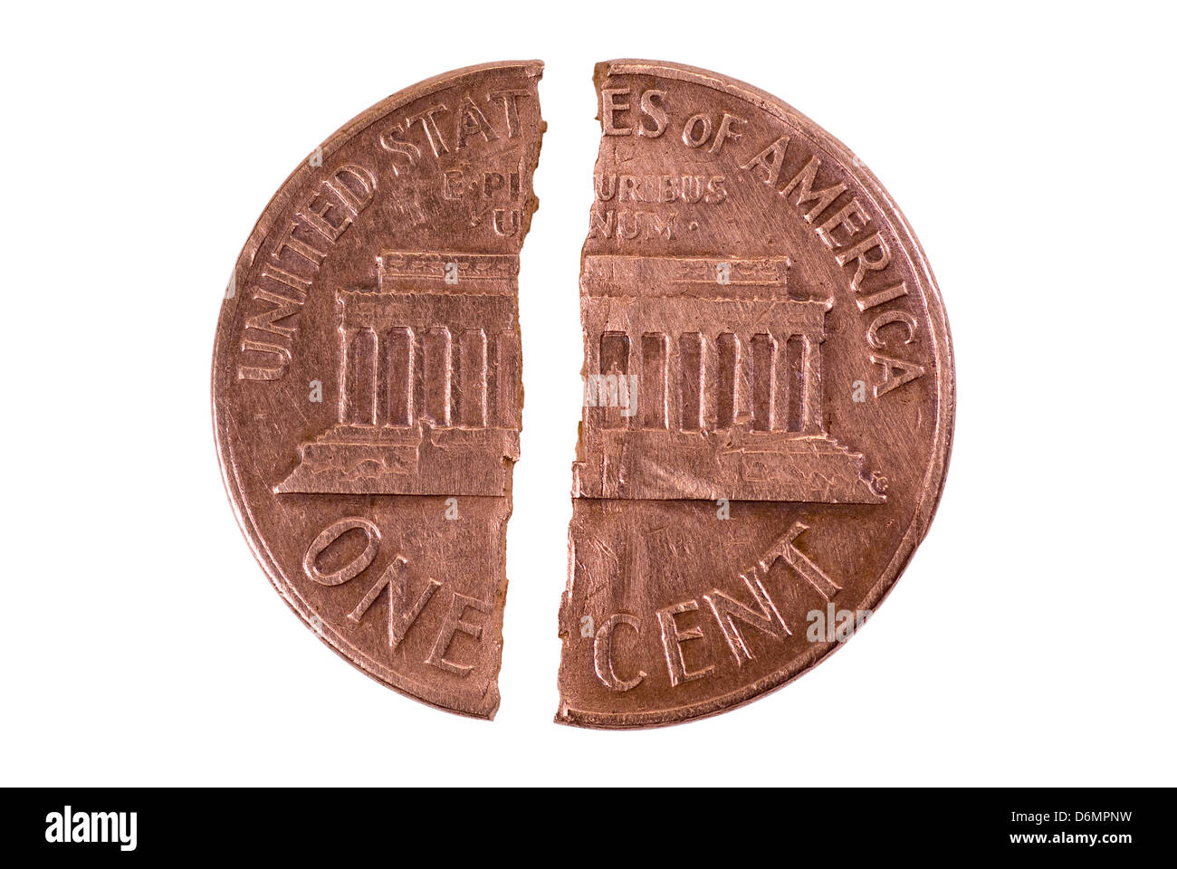 gebrochene Cent isoliert auf weißem Hintergrund Stockfoto