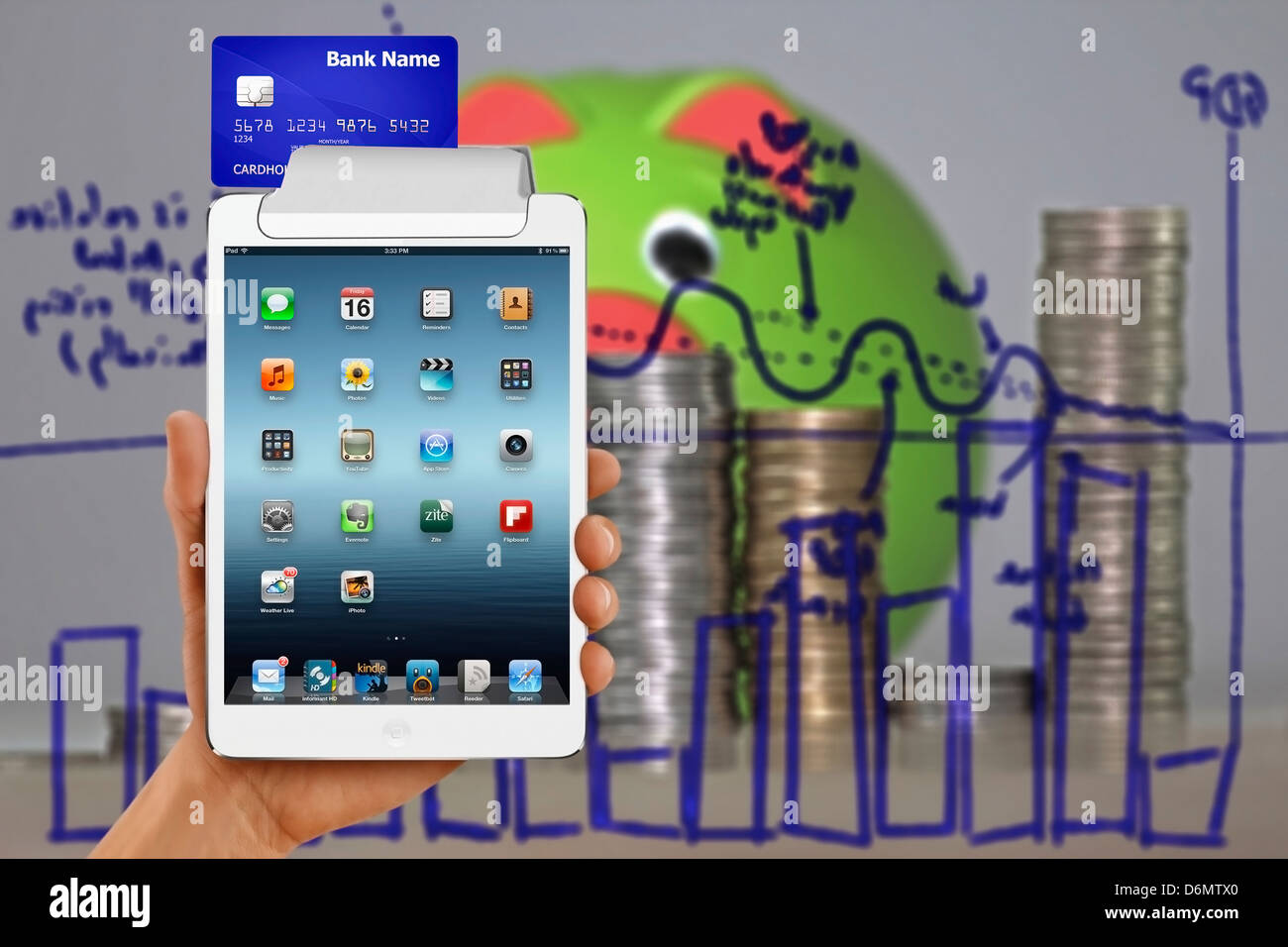 Kein Bargeld nur Karte, Konzept No Cash nur Karte Konzept tablet-pc-Geld-Zahlung akzeptieren Aktion Konkurs blau Business Cash Vorsicht Stockfoto