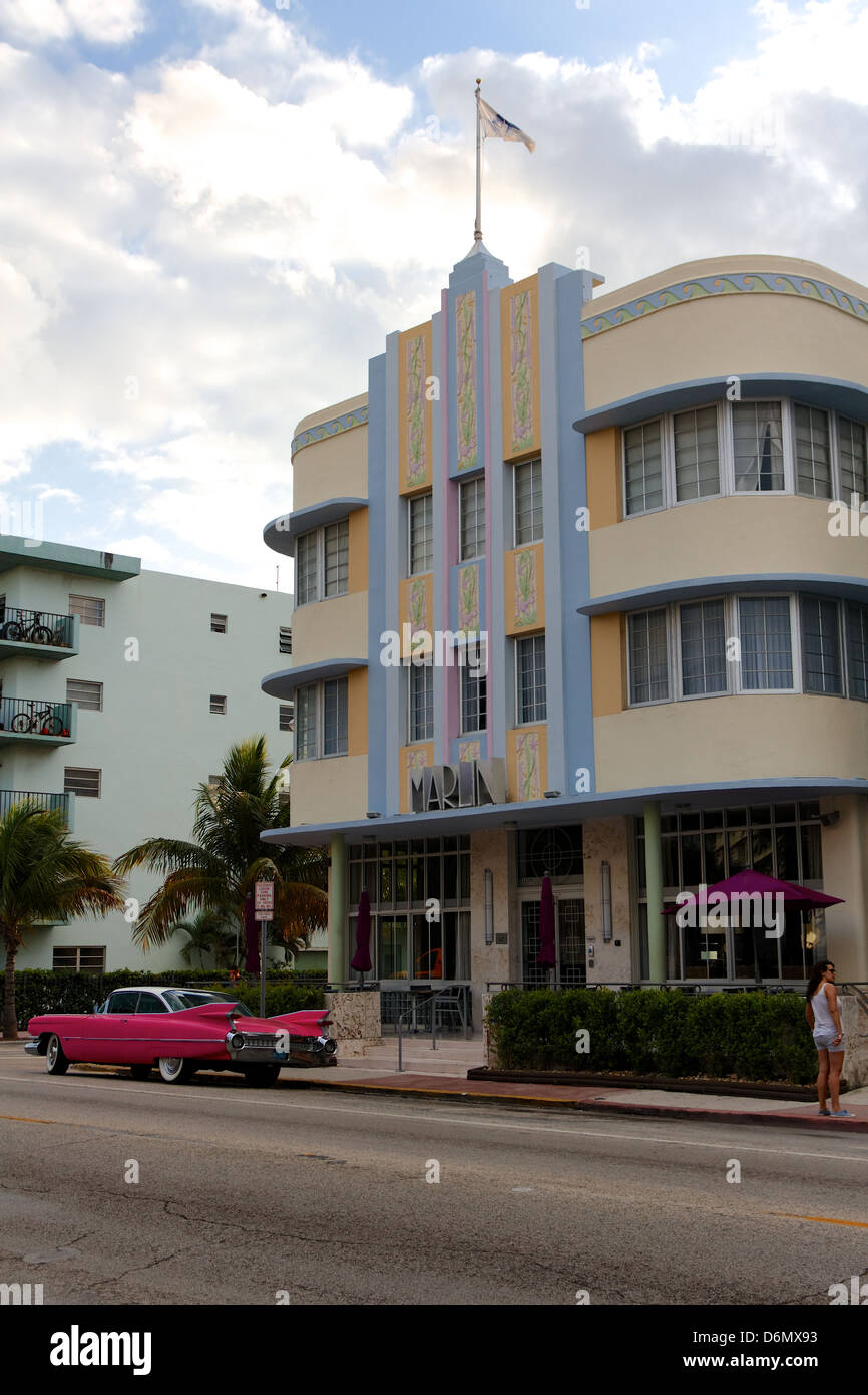 Hotel "Marlin' in South Beach, Miami, FL, USA, ein typisches Beispiel für Miami Art Deco Kitsch. Stockfoto