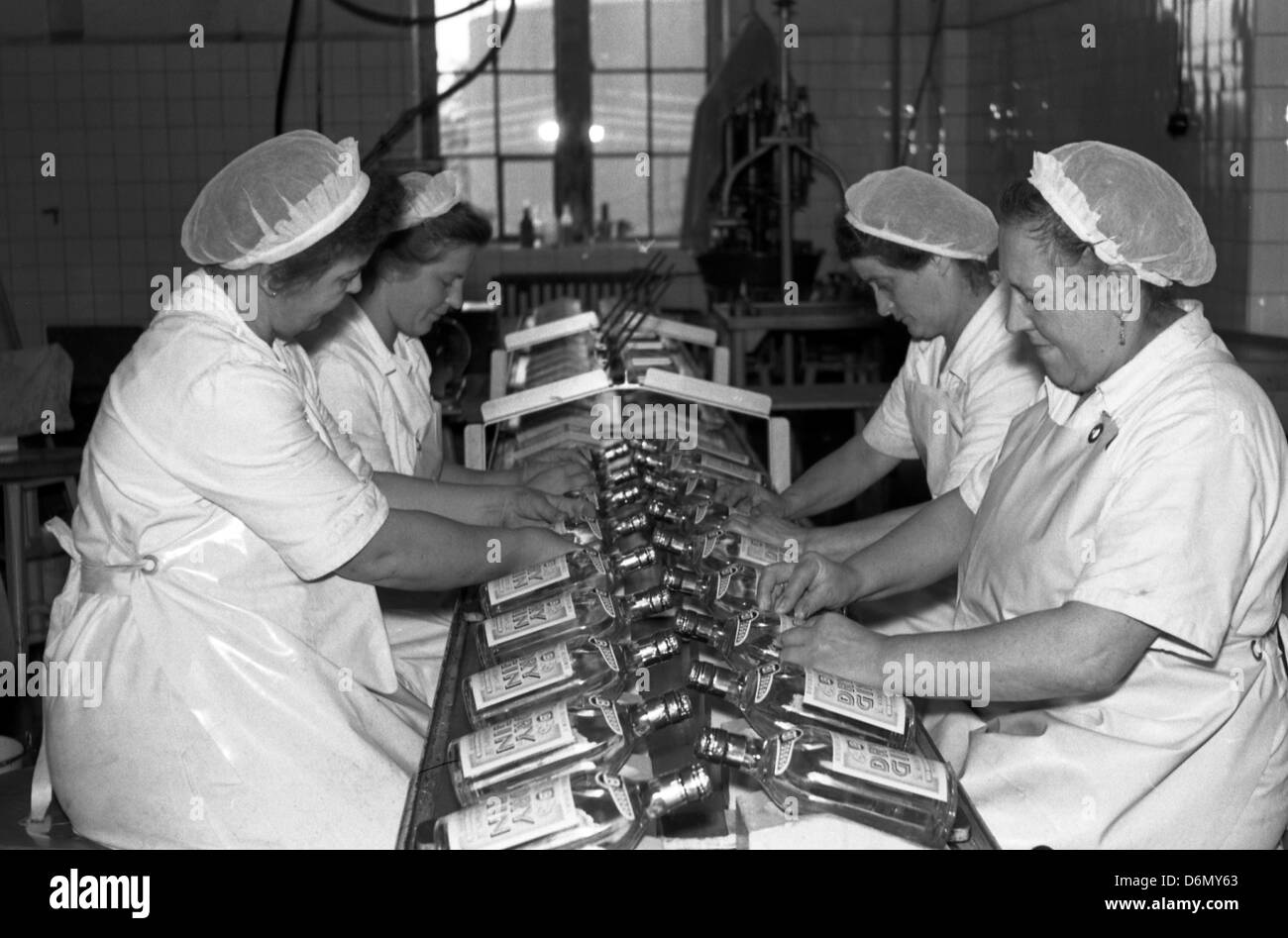 Dresden, DDR, die Arbeiter am Fließband der VEB Spirituosenfabrik Bramsch Dresden Stockfoto