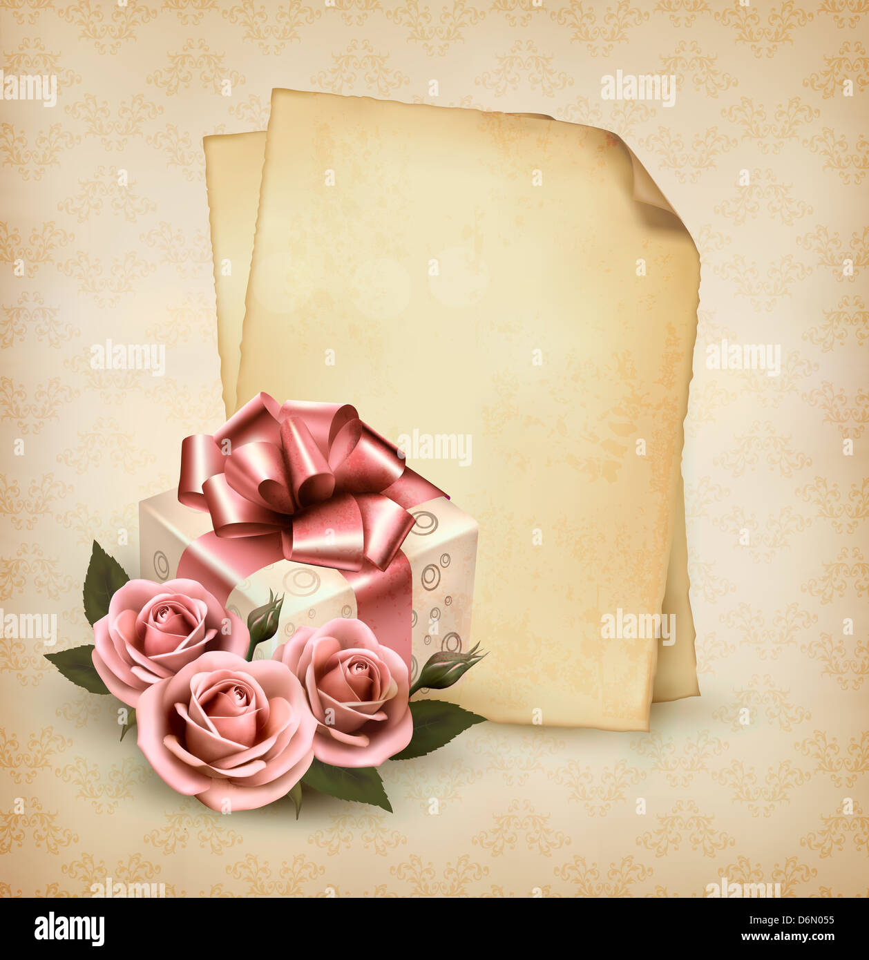 Retro-Urlaub Hintergrund mit rosa Rosen und Geschenk-Box und Altpapier. Vektor-Illustration. Stockfoto