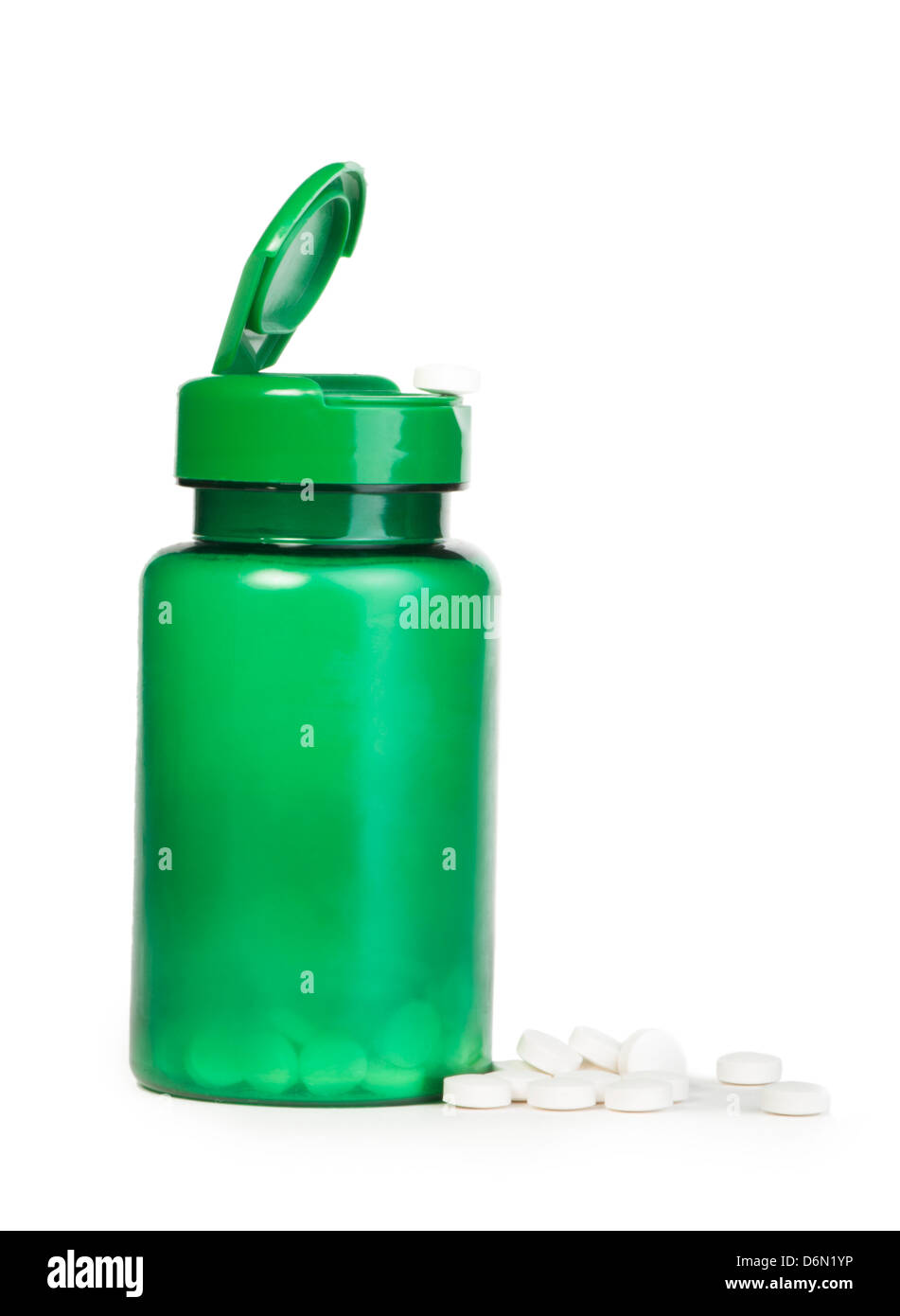 Weißen Pillen und einen Behälter mit Pillen. Weiße Siolated Studio gedreht Stockfoto
