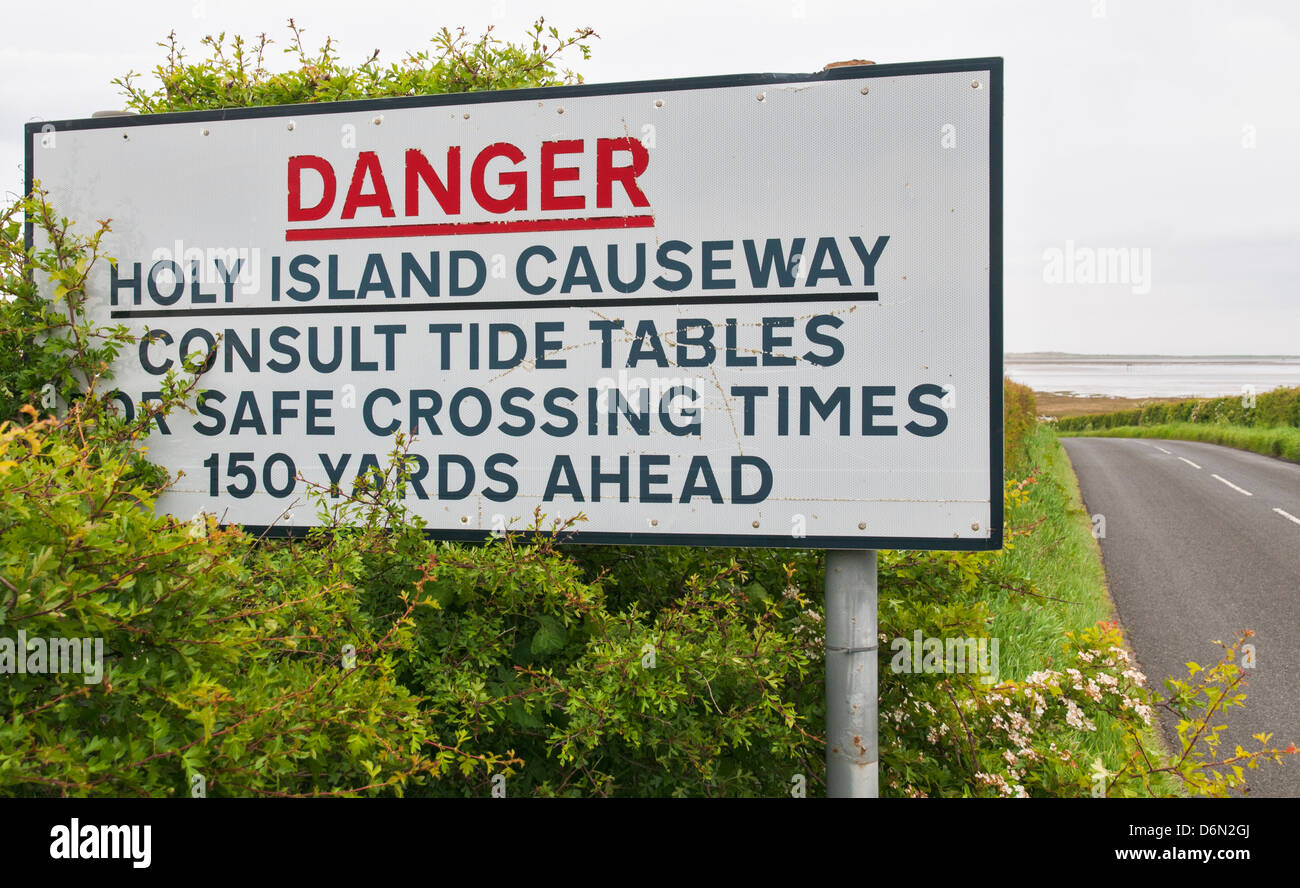 Großbritannien, Holy Island Causeway Warnschild Stockfoto