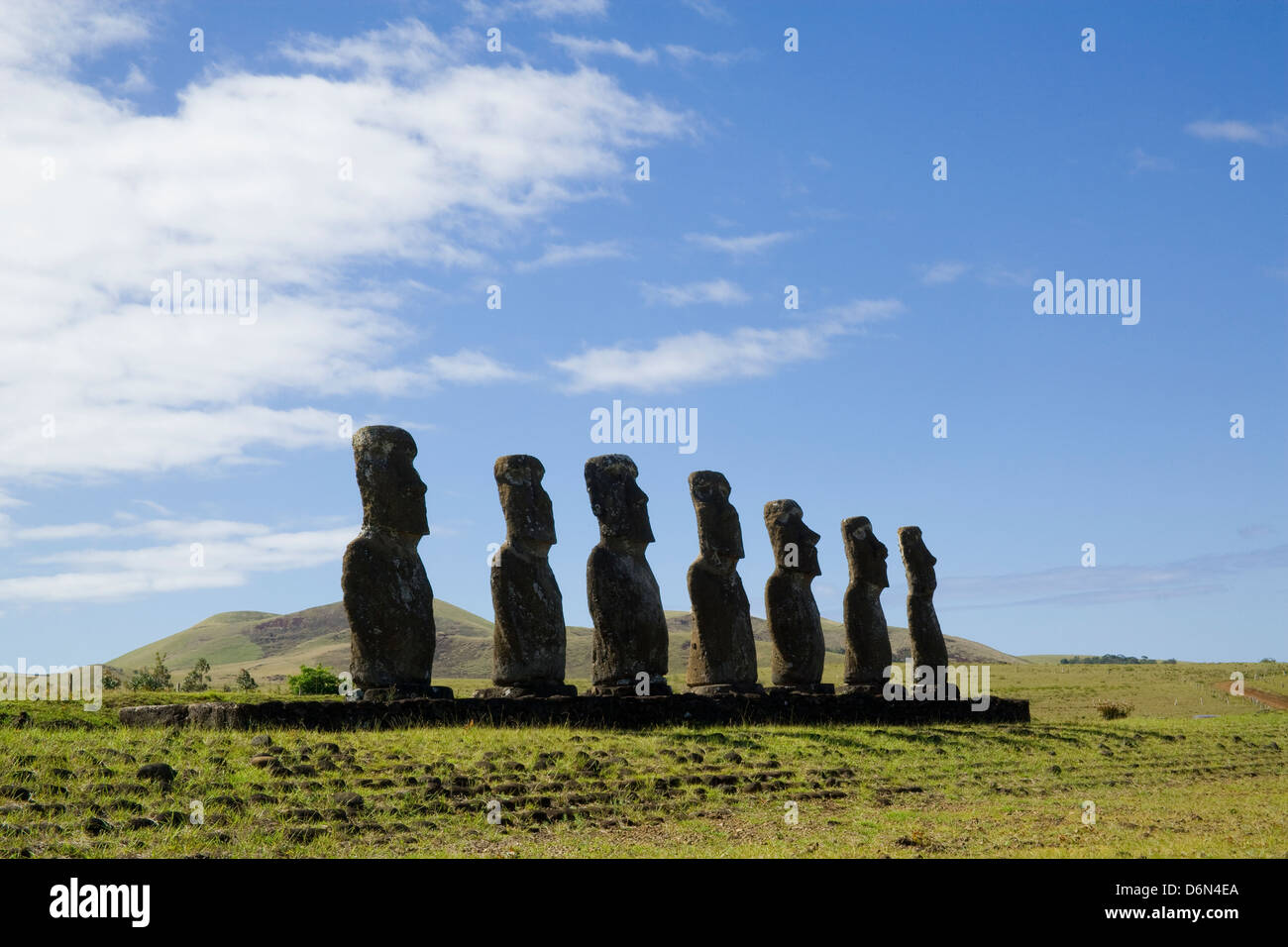 Chile, Osterinsel, Rapa Nui, Isla de Pascua, Polynesien, die sieben Moais Ahu Akivi Stockfoto