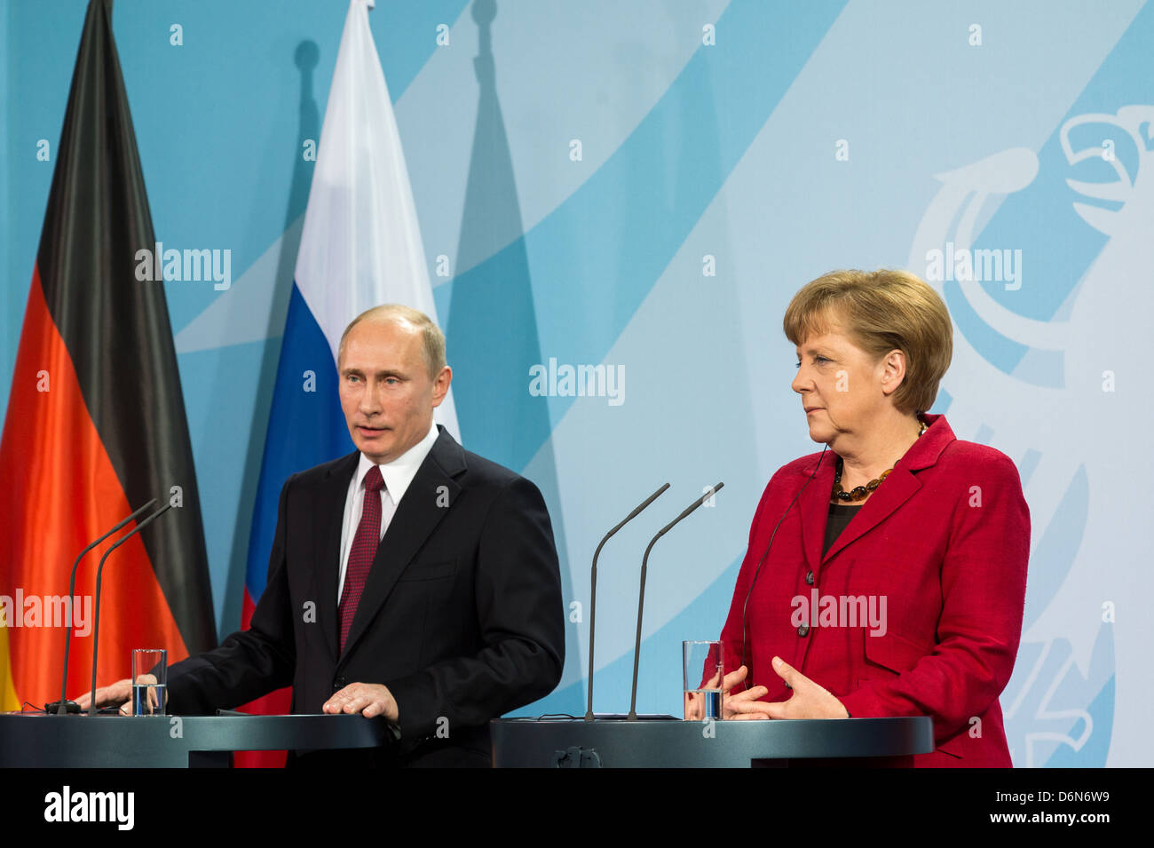 Berlin, Deutschland, Präsidenten der Russischen Föderation, Vladimir Vladimirovich Putin und Bundeskanzlerin Angela Merkel, CDU Stockfoto