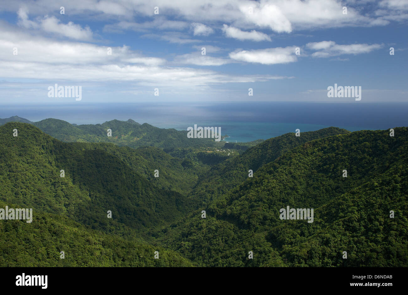 Laudat, Dominica, Blick über den Morne Trois Pitons National Park an der Ostküste Stockfoto