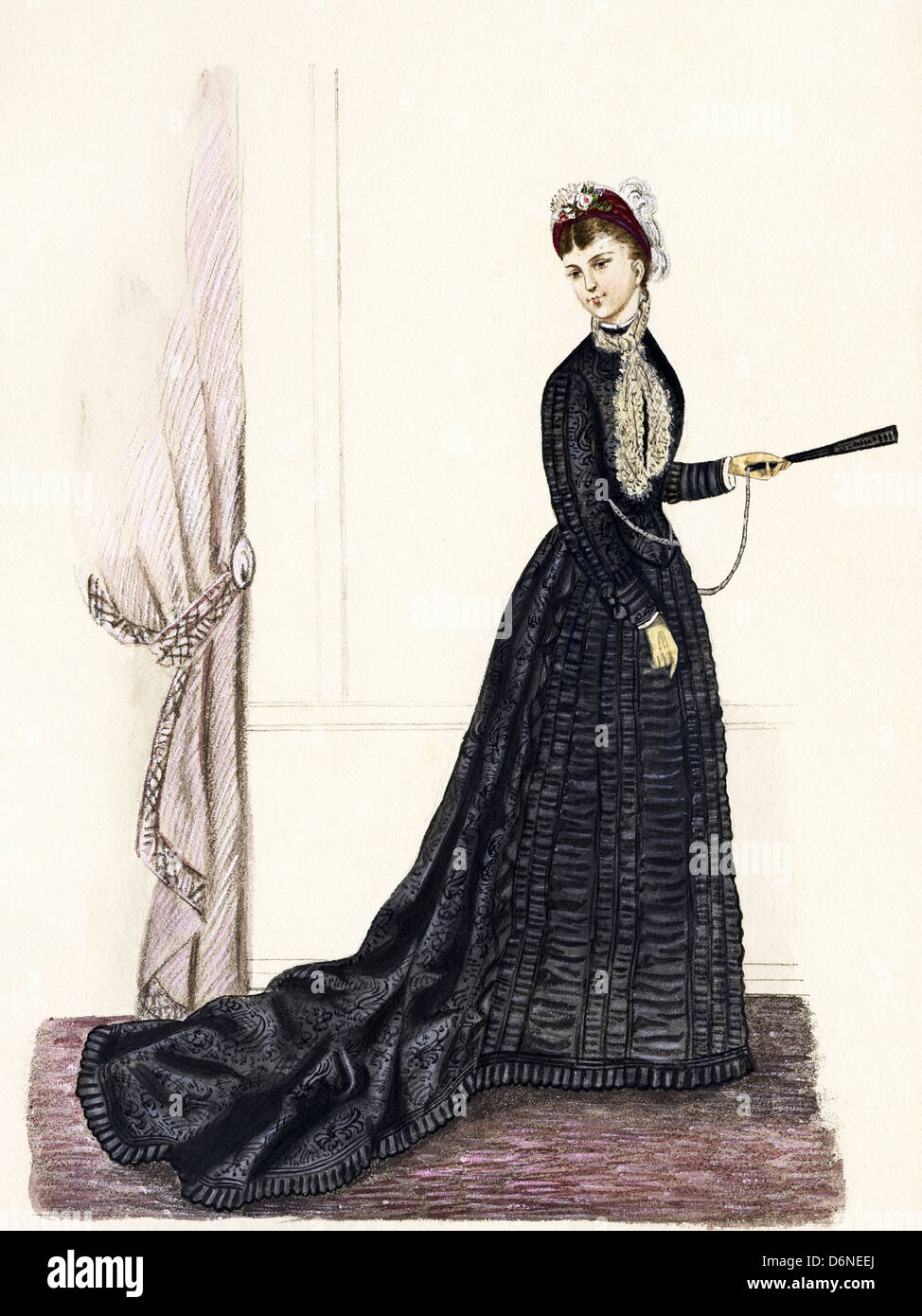 Französische Mode aus dem viktorianischen Zeitalter ca. 1870 s. Original Aquarell Malerei Künstler unbekannt Stockfoto