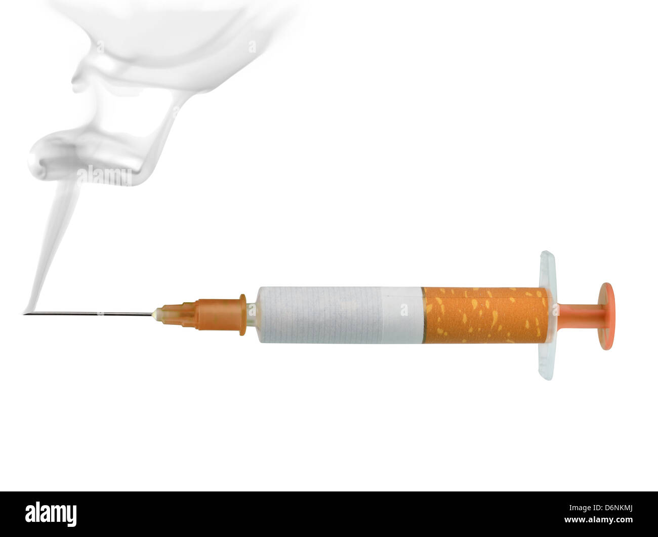 Zigarette-Spritze, das Konzept der Nikotinsucht, isoliert auf weiss Stockfoto