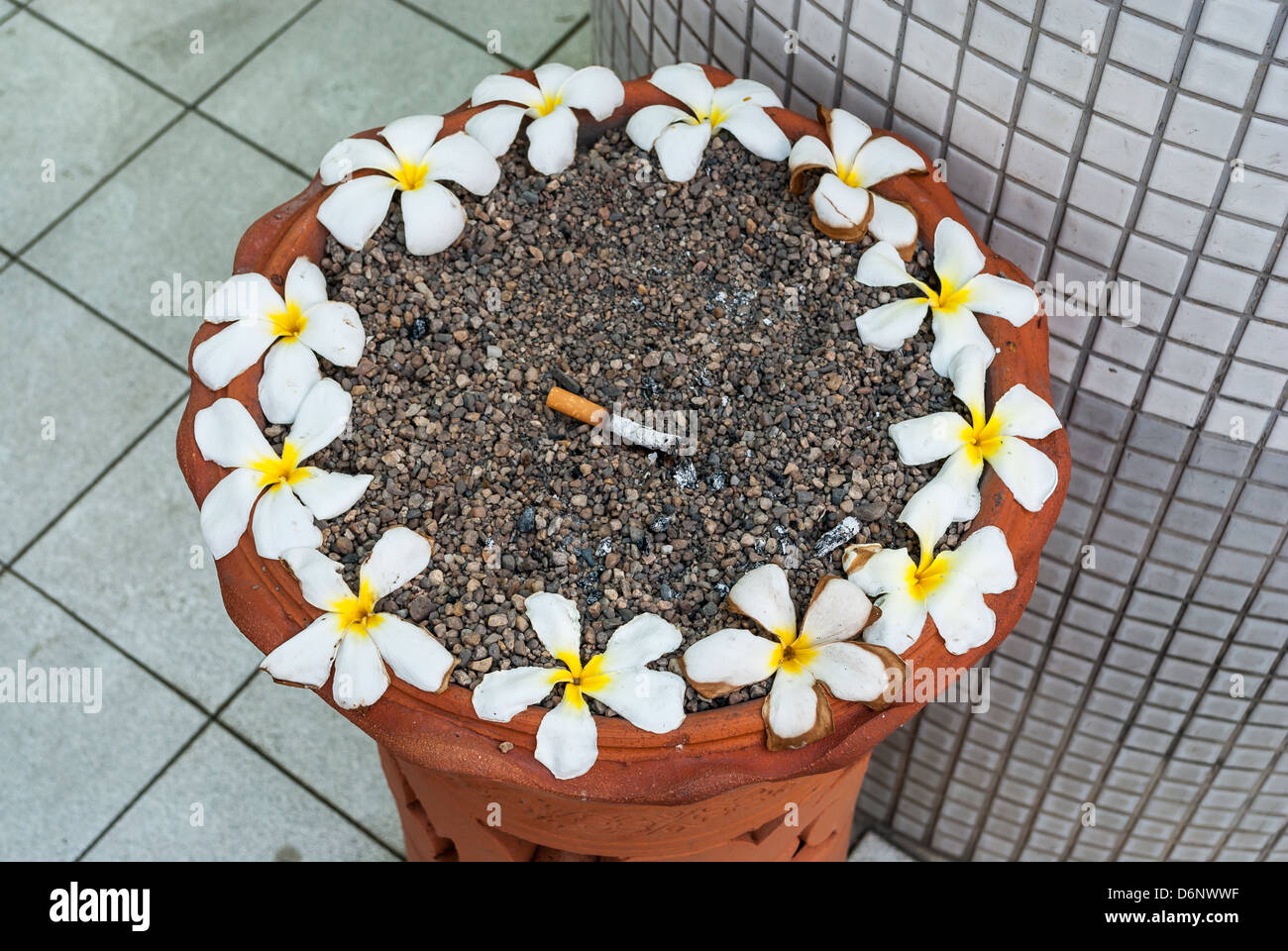 Gebackene Ton Aschenbecher mit Blumen Stockfoto