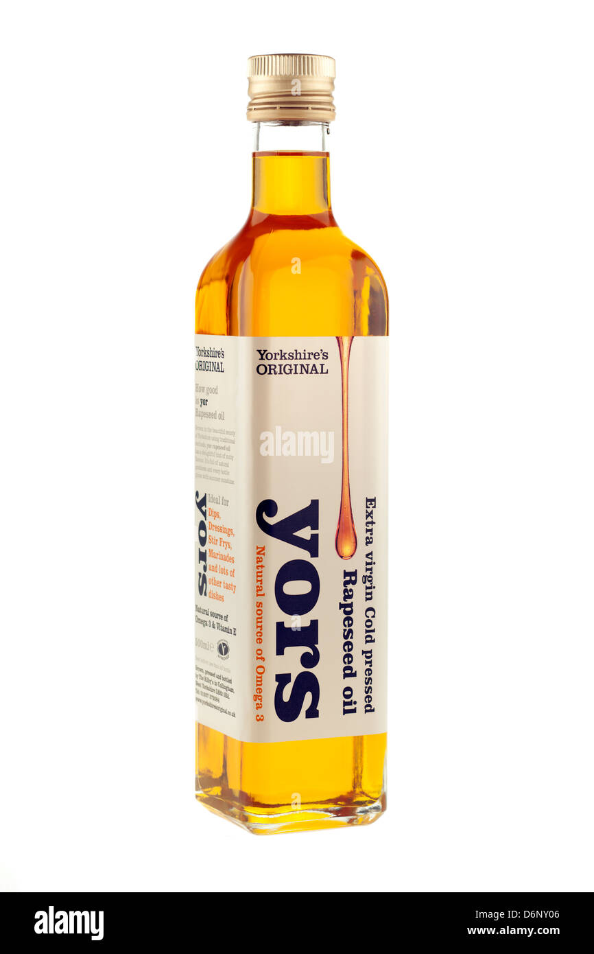 Flasche von Yors Extravergine kalt gepressten natürlichen Omega-3-Rapsöl Stockfoto