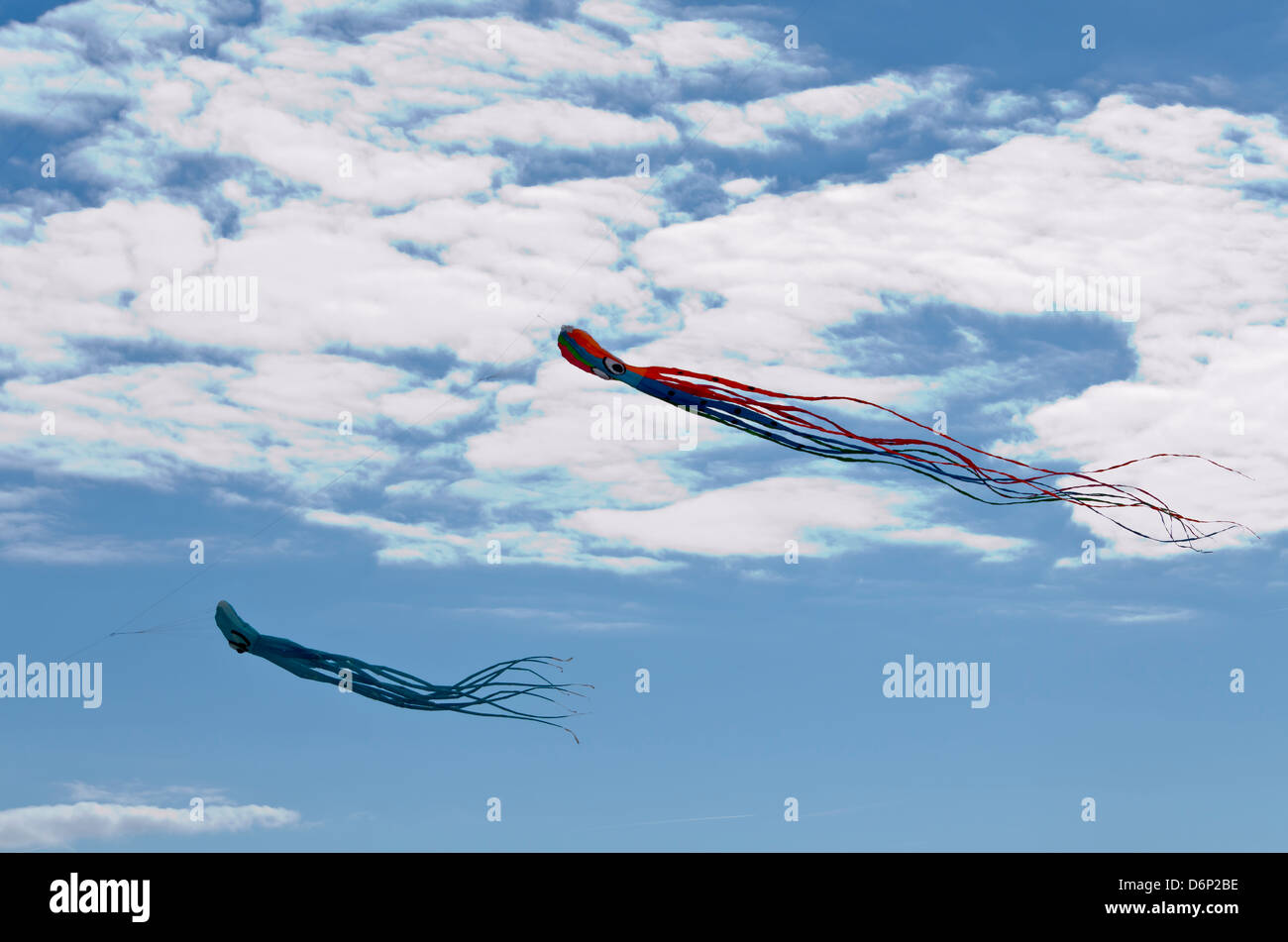 Zwei Drachen fliegen an einem Sommertag Stockfoto