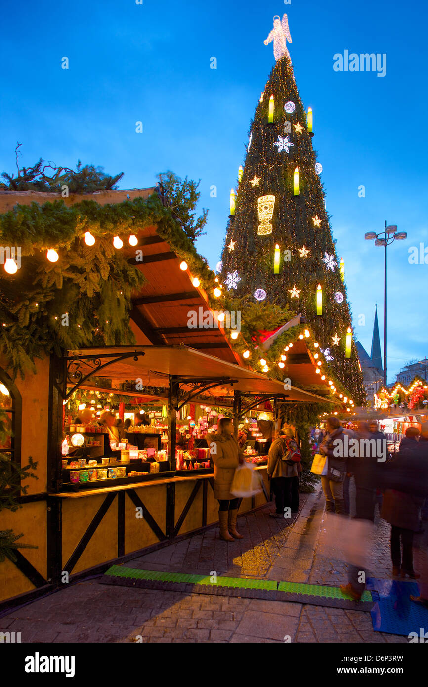 Weihnachtsmarkt und der größte Weihnachtsbaum der Welt, Hansaplatz, Dortmund, Nordrhein-Westfalen, Deutschland, Europa Stockfoto