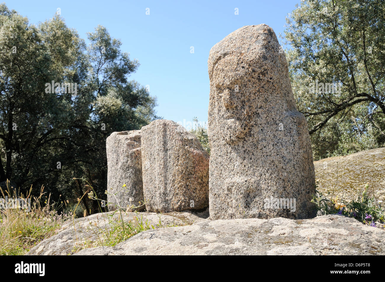 Geschnitzte Bronzezeit Granit Figurenmenhire in Filitosa, 3500 Jahre alt, eine intakte mit einem mürrischen Gesicht, Korsika, Frankreich Stockfoto