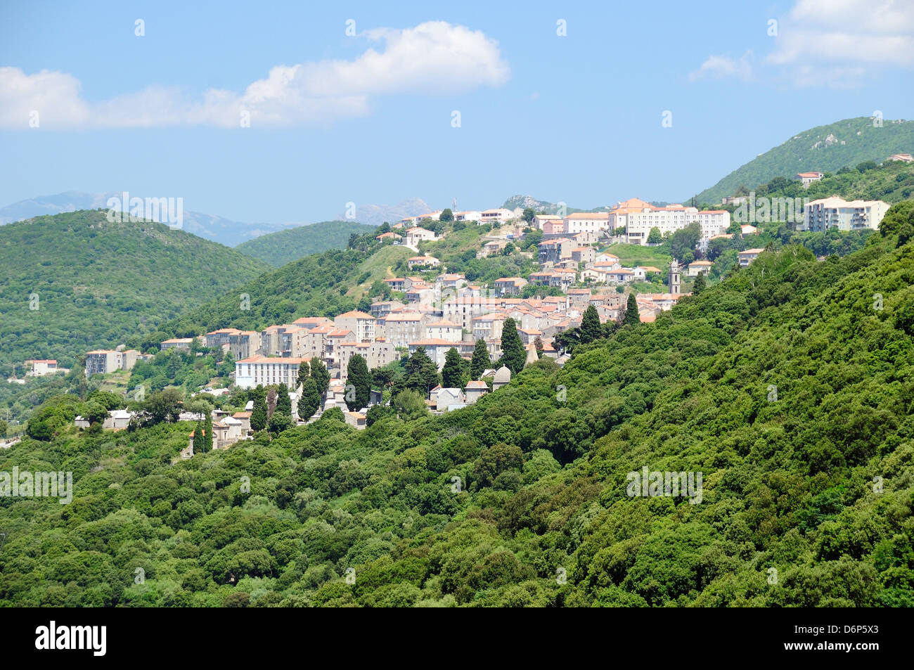 Ansicht der Stadt Sartène im bewaldeten Berglandschaft, Korsika, Frankreich, Europa Stockfoto