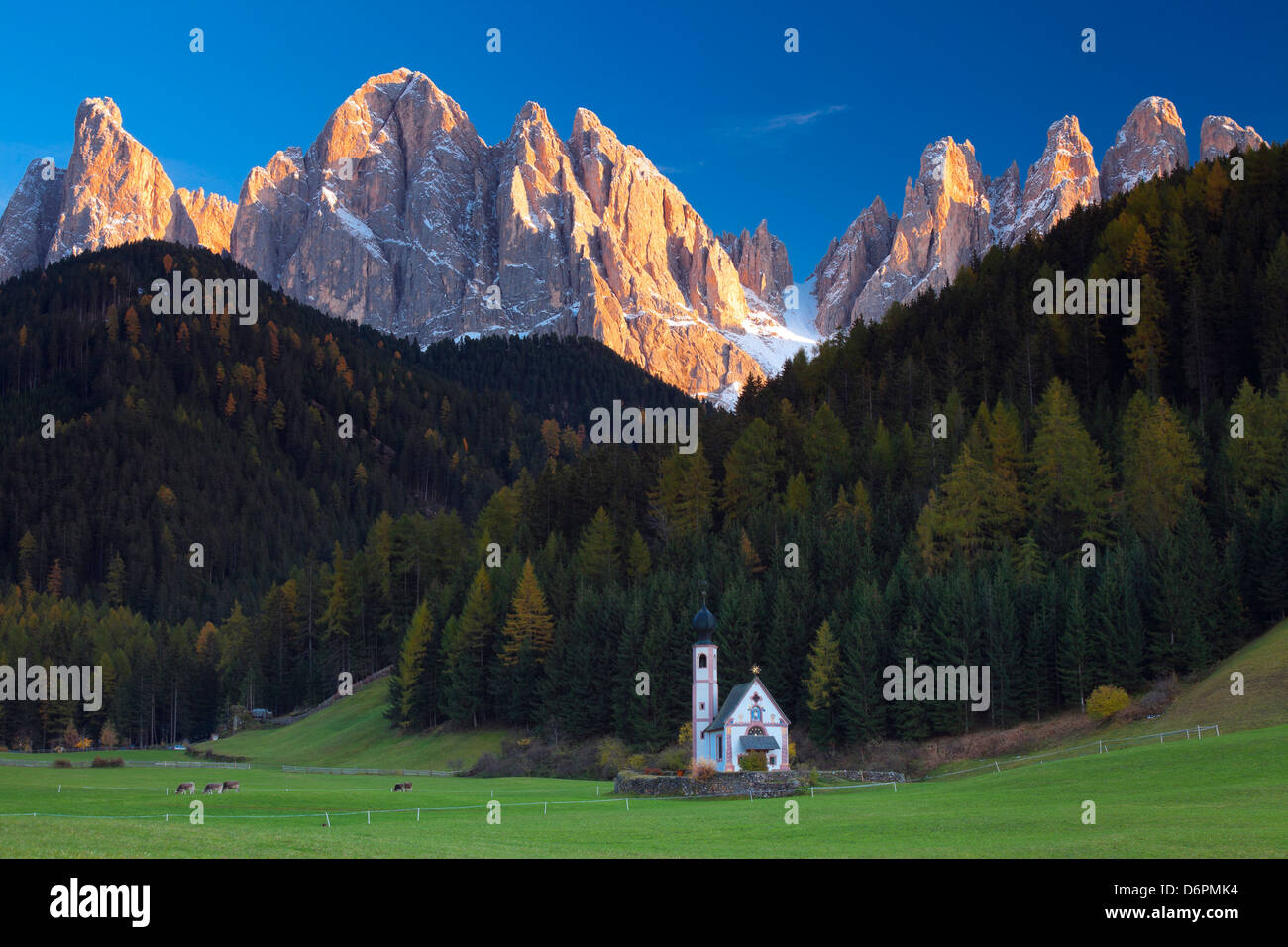 Saint Johann Church, in der Nähe von St. Magdalena, Val di Funes, Dolomiten, Trentino-Alto Adige, South Tirol, Italien, Europa Stockfoto