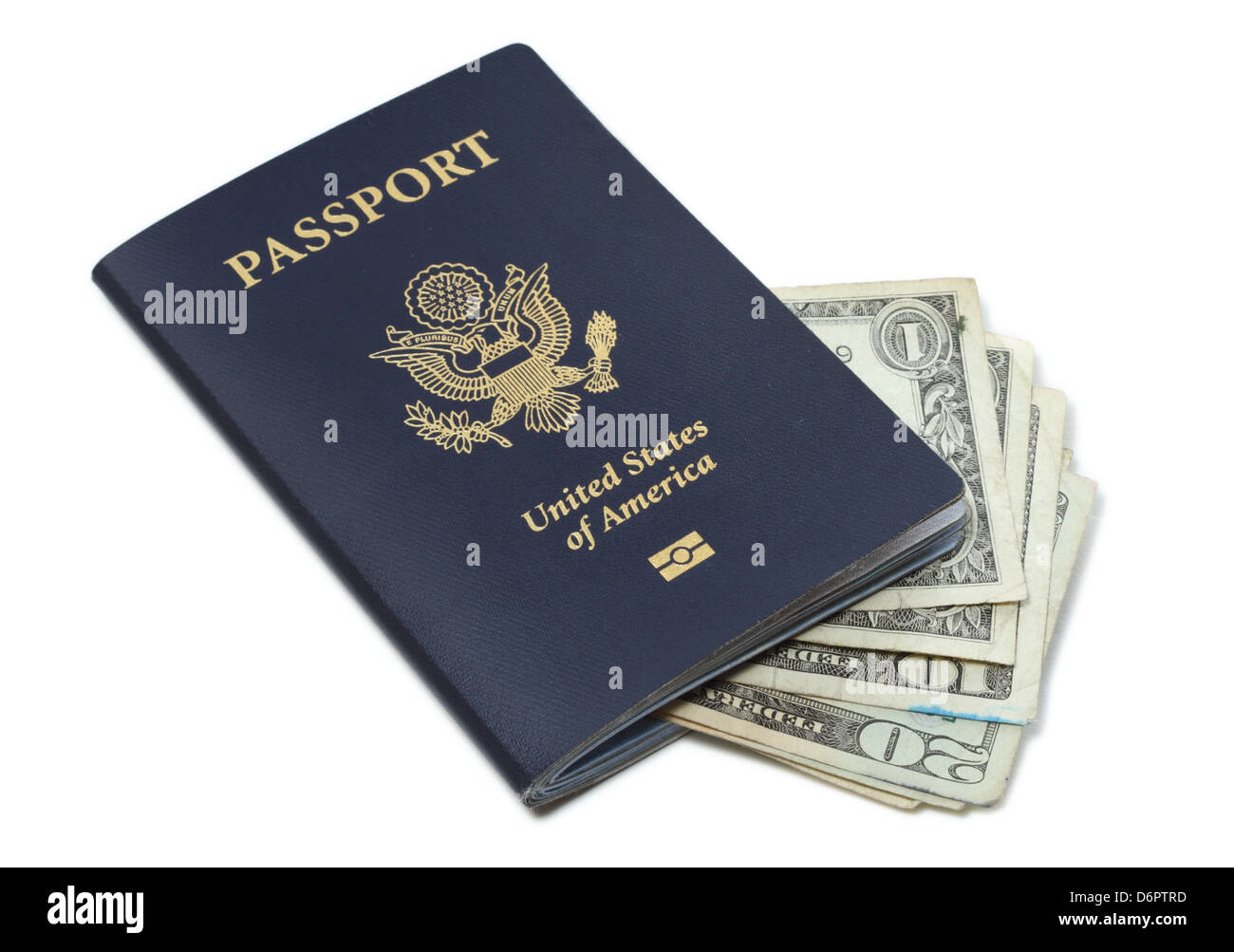 Pass der Vereinigten Staaten von Amerika und Dollar Rechnungen isoliert Stockfoto