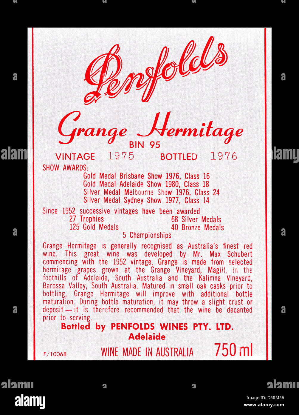 Penfolds Grange Weinflasche Etikett, australischer Wein, vorwiegend aus Shiraz und Cabernet Sauvignon Trauben hergestellt Stockfoto