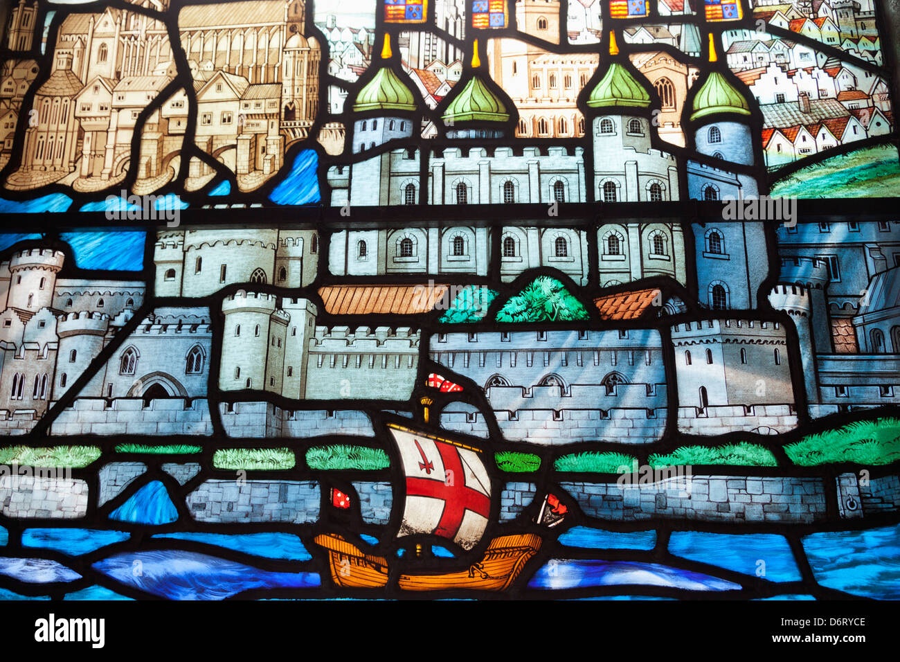 England, London, The City, All Hallows von The Tower Church, Glasfenster, die Darstellung der Themse und Tower of London Stockfoto