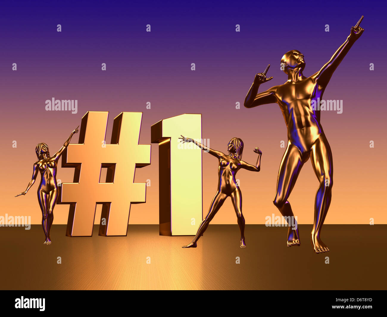 3 goldene Statuen Figuren feiern Nummer eins (#1) Stockfoto
