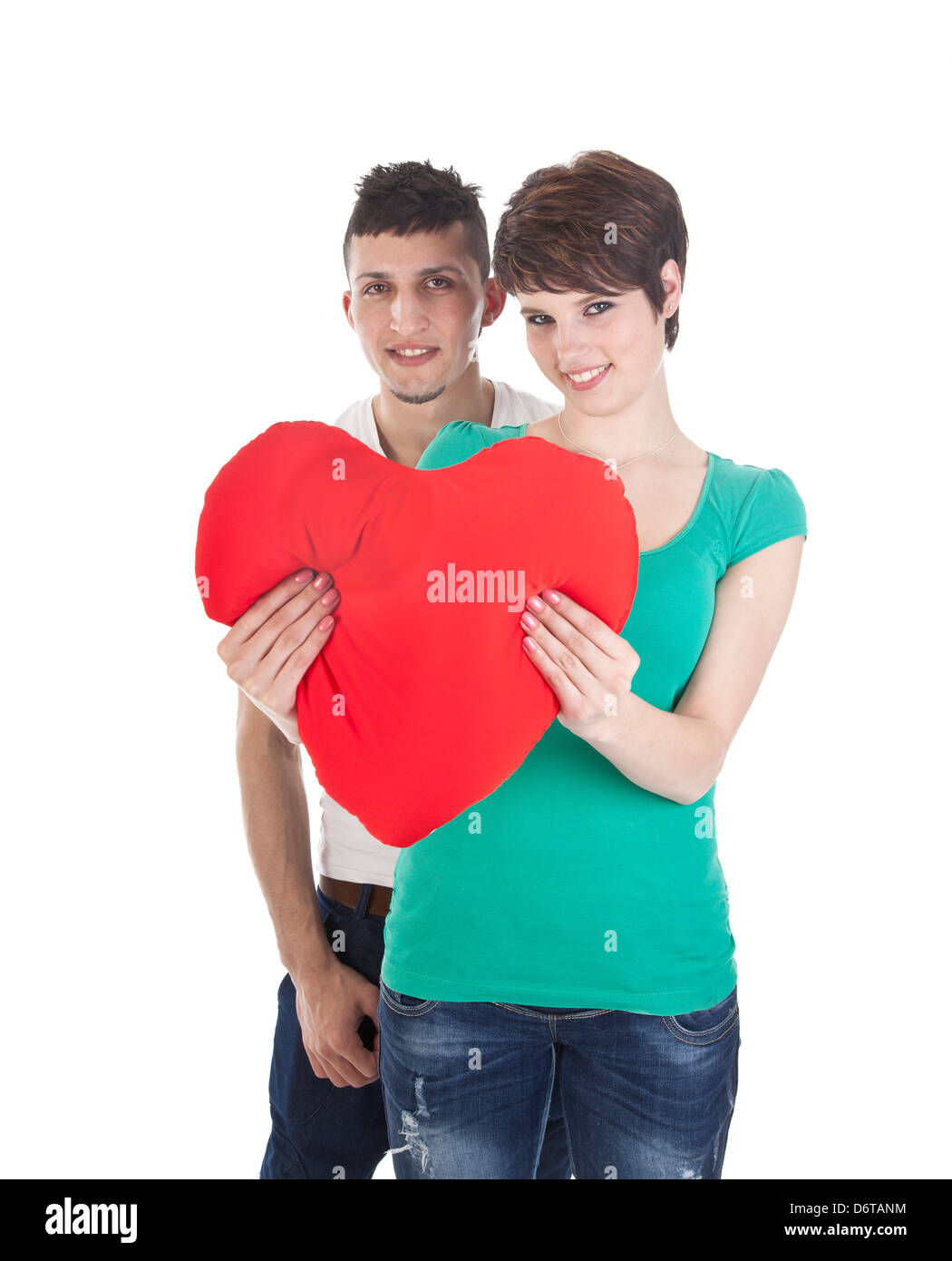Mann und Frau mit roten Herzen Stockfoto