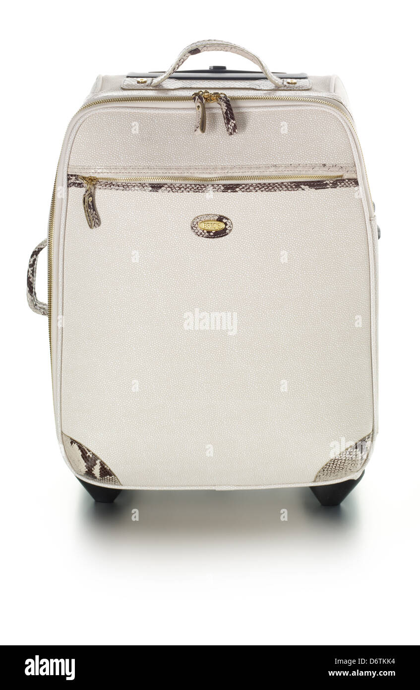 Tragen Sie auf Reisetasche weißes Gepäck Schlange Haut Räder Reissverschlüsse Stockfoto