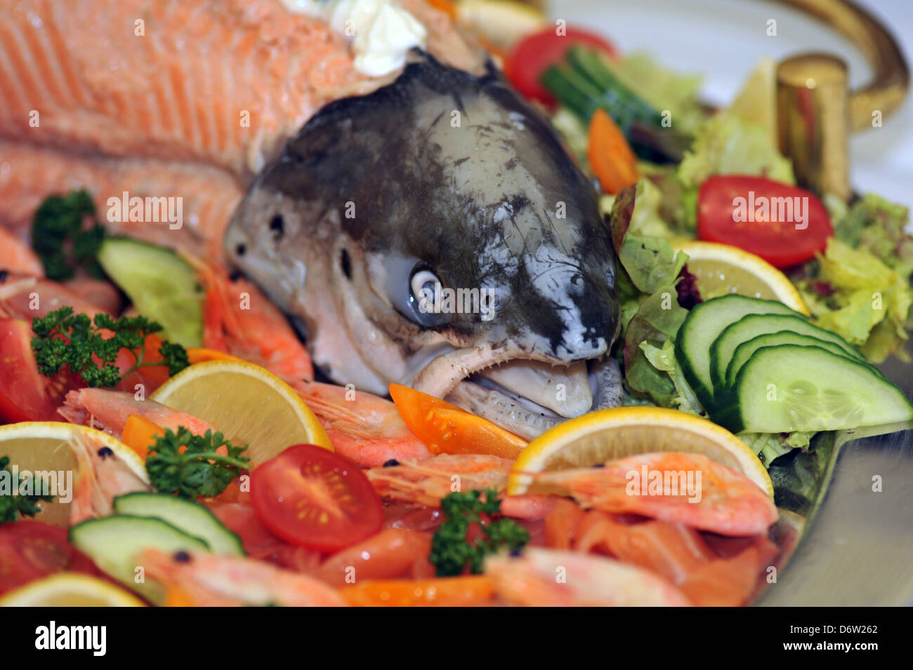 Kaltes Buffet Lachs Fisch mit Kopf auf einen Teller Salat. Stockfoto