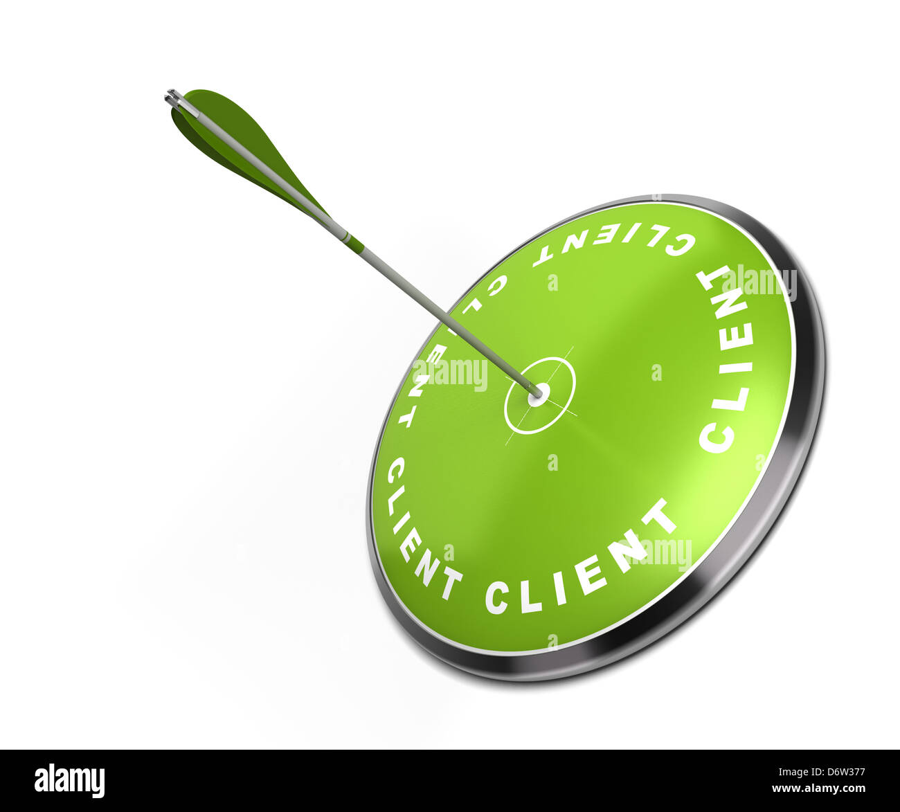 grüne Zielscheibe mit dem Wort Client darauf geschrieben, mit einem Pfeil trifft das Center - weißem Hintergrund Stockfoto