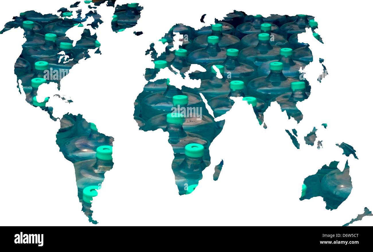 Weltkarte, Wasserflaschen Konzept abstrakter Kunst Atlantik Hintergrund blauen Flaschen Business Dosen Kommunikation Konzept Kontinent Stockfoto