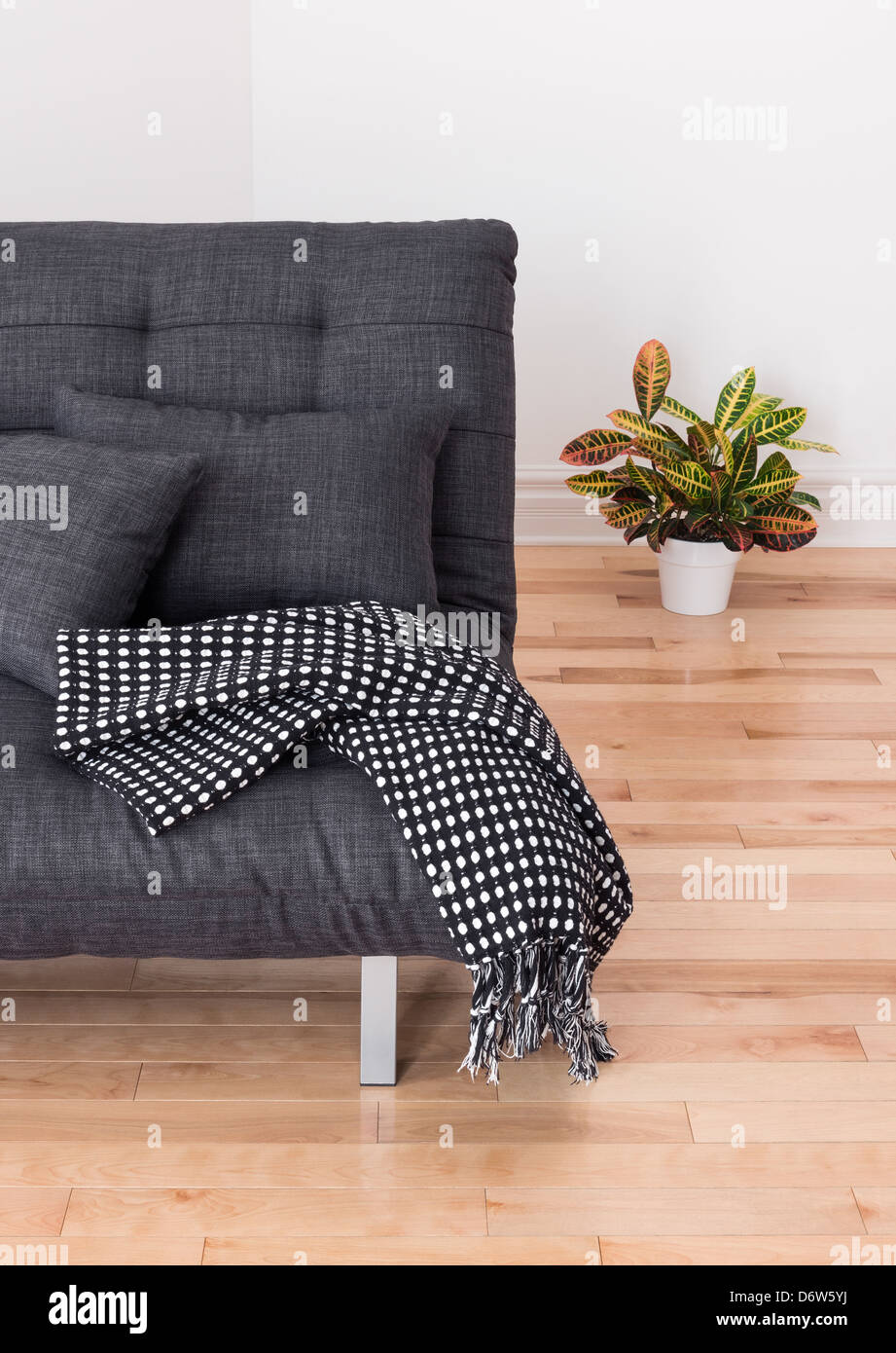 Wohnzimmer-Detail. Graue Sofa mit Kissen und werfen und bunten Pflanzen. Stockfoto