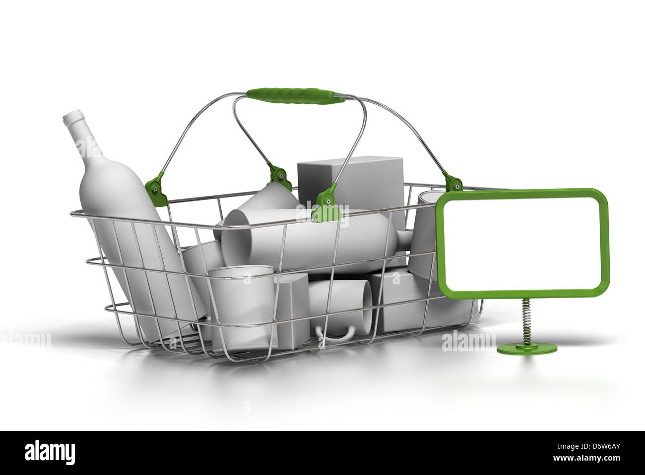 Metallkorb mit weißer Ware in 3d Render, grünen Kunststoffteile und leere Zeichen, weißer Hintergrund Stockfoto
