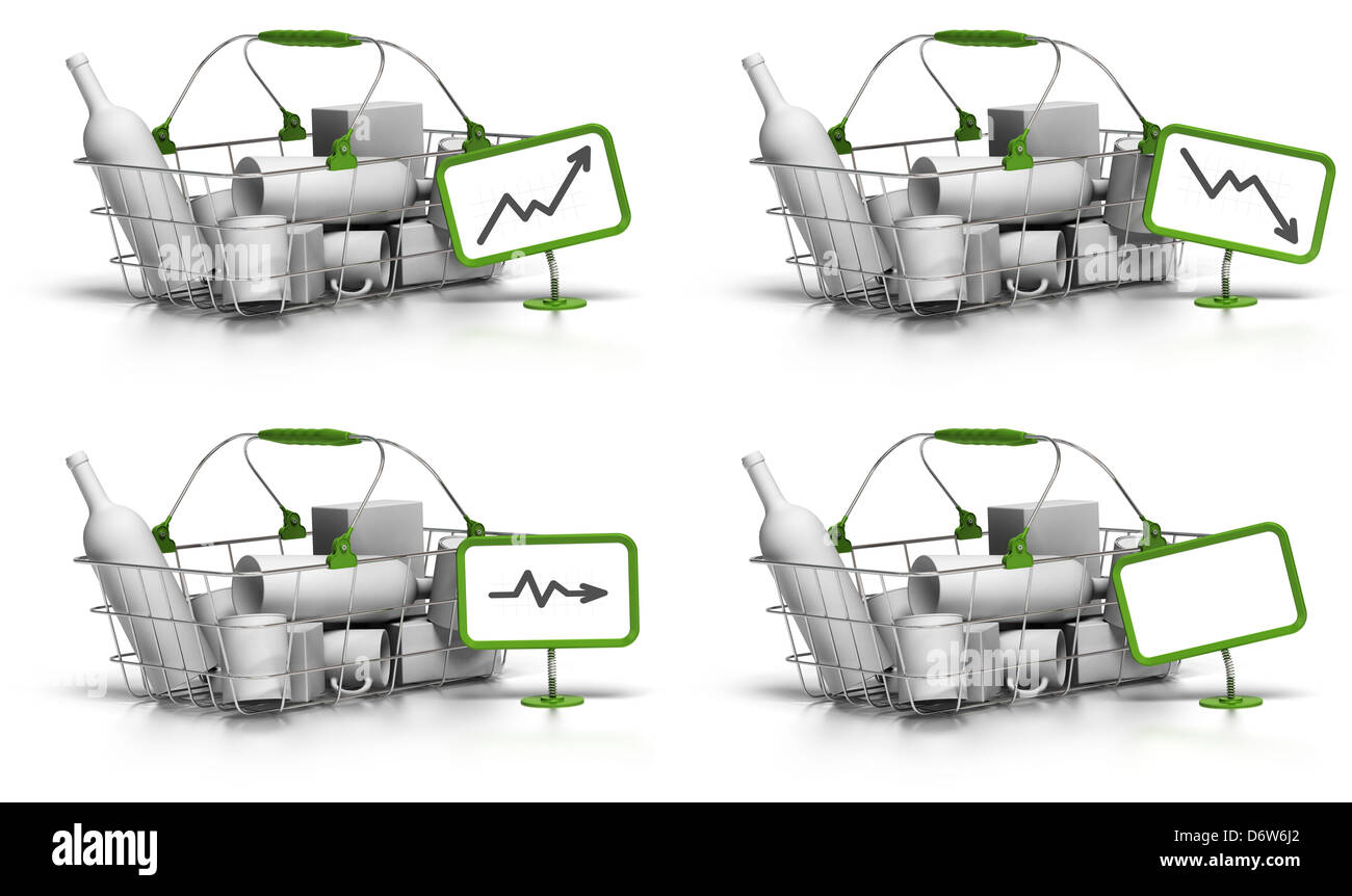 Korb mit waren im Inneren zeigen ein grünes Schild mit einem Diagramm Zunahme, Abnahme oder Stagnation der Preise. Stockfoto