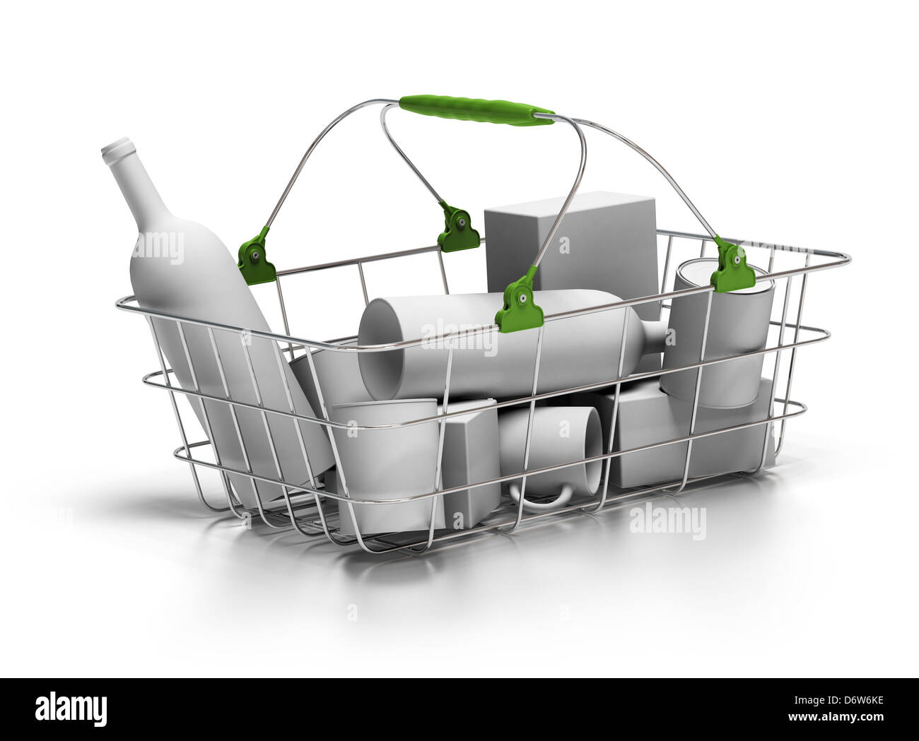 Metallkorb mit weißer Ware in 3d Render, grünen Kunststoffteile, weißer Hintergrund Stockfoto
