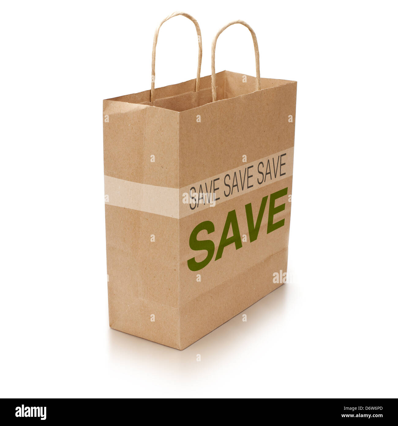 Kraft-Einkaufstasche mit dem Wort einsparen Whritten auf weißem Hintergrund Stockfoto