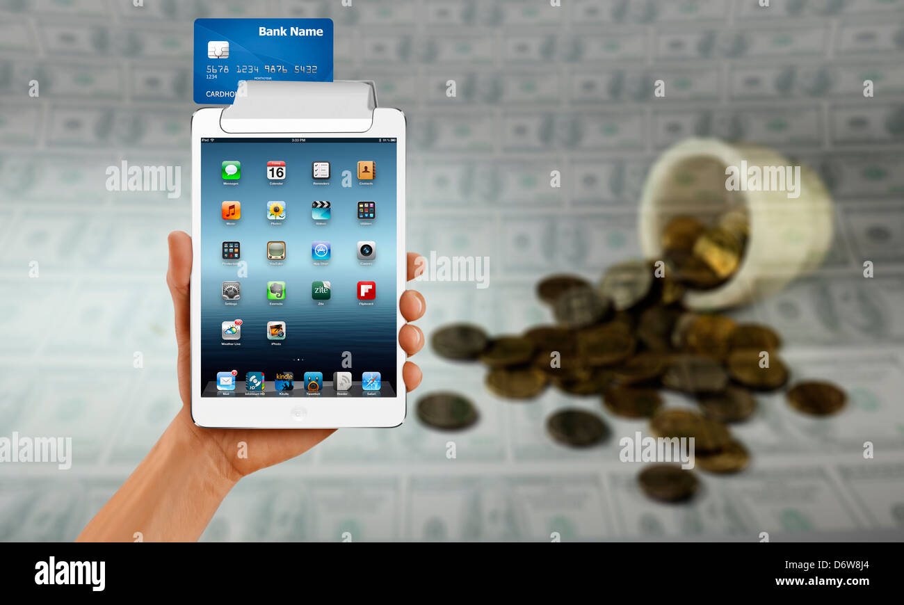 Kein Bargeld nur Karte, Konzept No Cash nur Karte Konzept tablet-pc-Geld-Zahlung akzeptieren Aktion Konkurs blau Business Cash Vorsicht Stockfoto