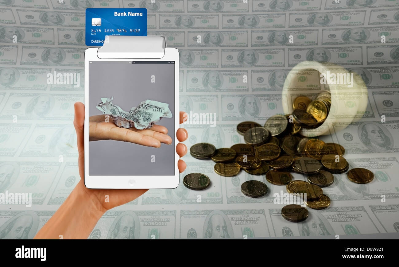 Kein Bargeld nur Karte, Konzept No Cash nur Karte Konzept tablet-pc-Geld-Zahlung akzeptieren Aktion Konkurs blau Business Cash Vorsicht Stockfoto