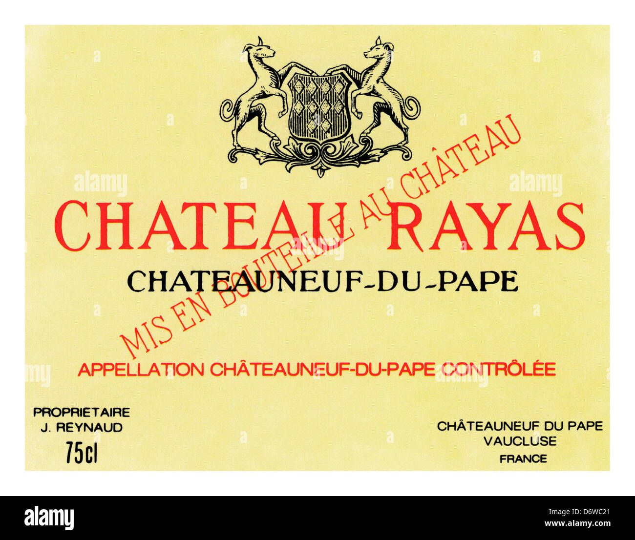 Weinflasche Etikett für Chateau Rayas Châteauneuf du Pape Vaucluse Rhone Frankreich Stockfoto