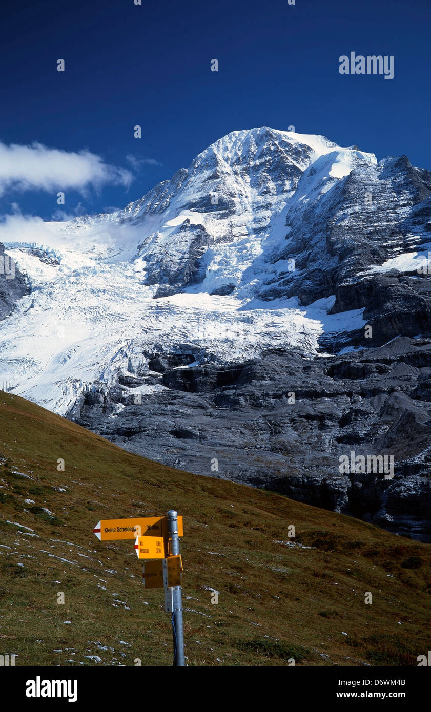 Schweiz, Berner Oberland, Trail Zeichen unten Norden Gesicht der Monch und Eiger Gletcher ab Wengernalp Stockfoto