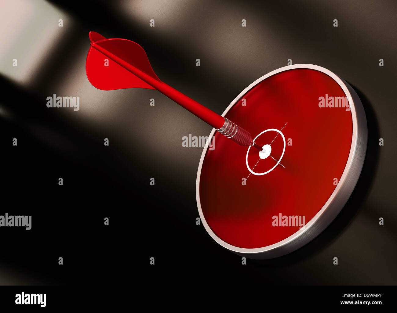 Zielschießen mit einem roten Pfeil auf der Mitte des modernen Ziel. Bild ist über einen dunklen Hintergrund schwarz und braun. Stockfoto