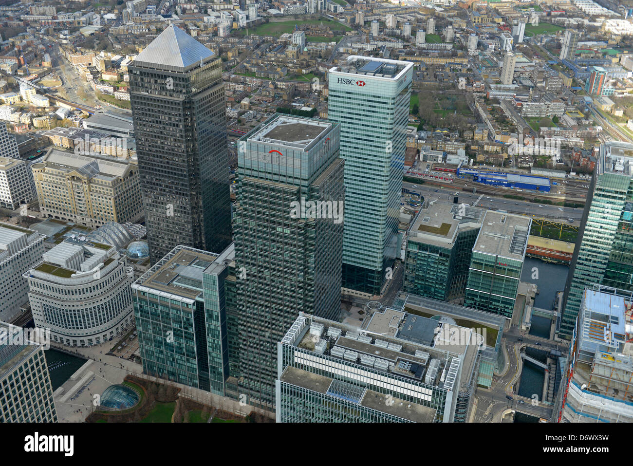 Luftaufnahme des Canary Wharf London Stockfoto
