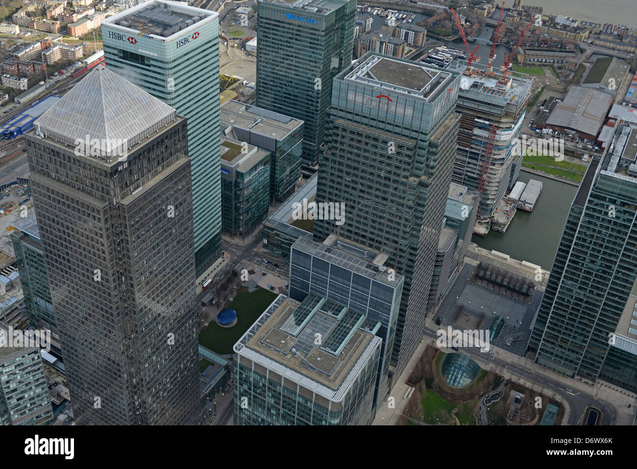 Luftaufnahme des Canary Wharf London Stockfoto