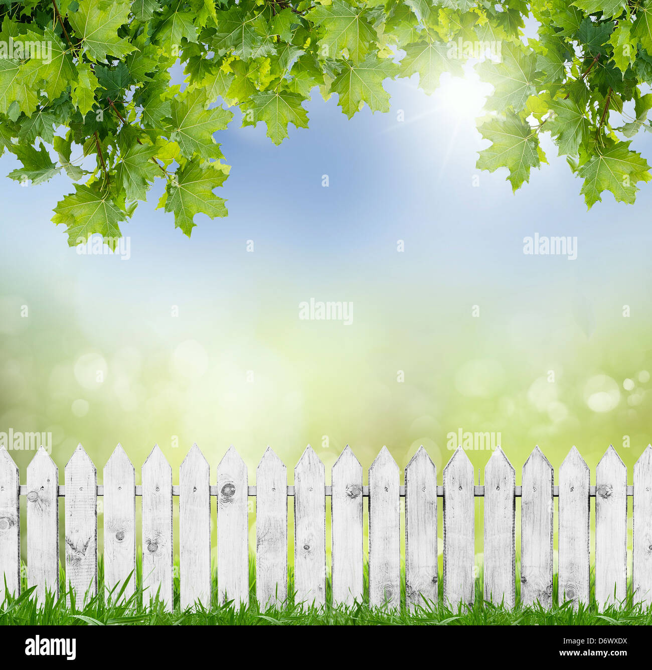 alte weiße Zaun auf einem Hintergrund des blauen Himmels. Bokeh Stockfoto