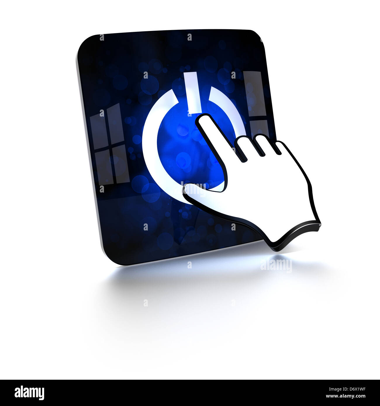 3D blue Touchscreen mit Computer Hand berühren es mit Reflexionen über weißem Hintergrund Stockfoto