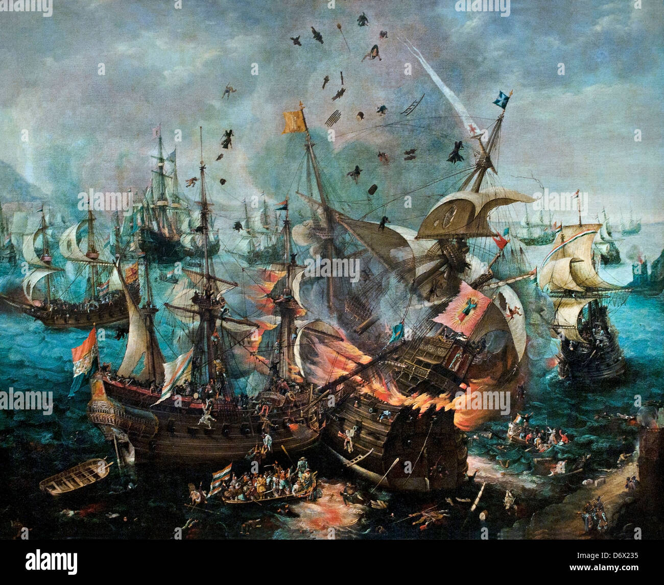 Die Explosion des spanischen Flaggschiffs während der Schlacht von