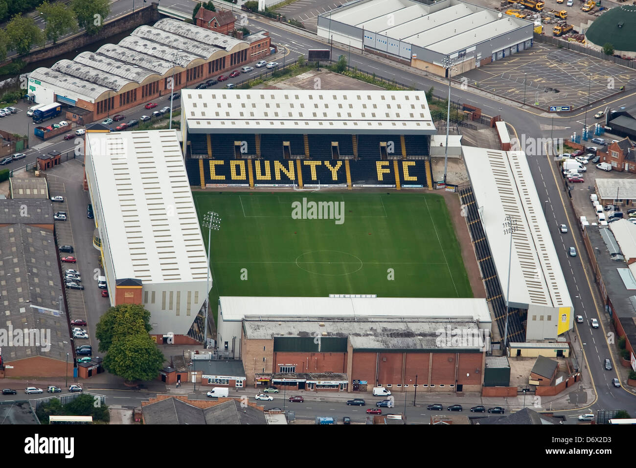 Luftaufnahme von Notts County Football Club Boden Meadow Lane. Stockfoto