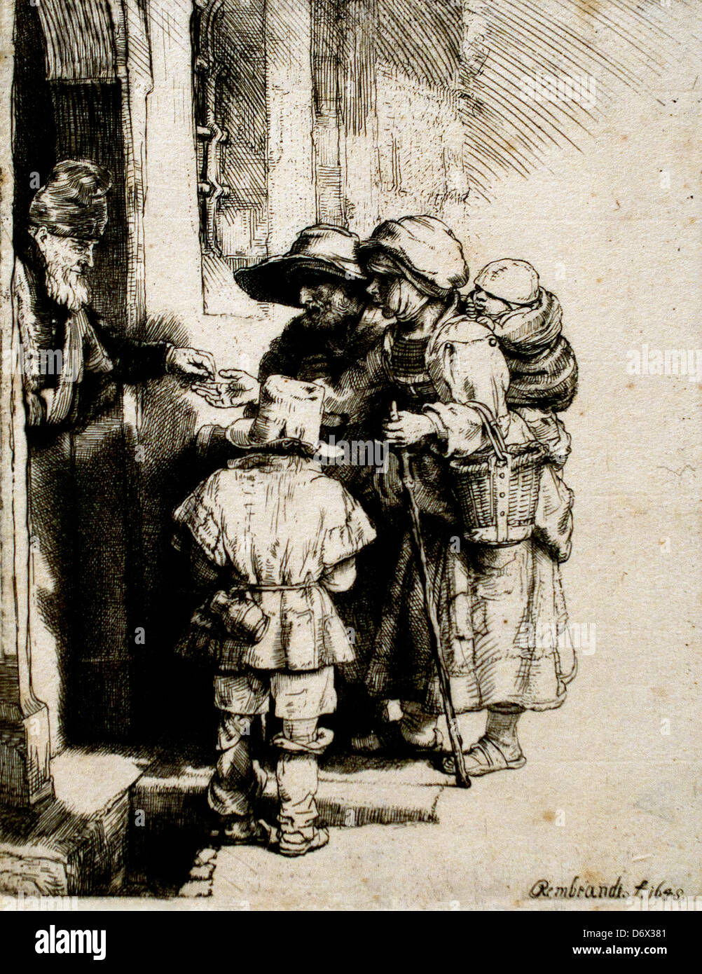 Blinde Drehleier Gurdy Spieler mit seiner Familie empfangen Almosen 1648 Rembrandt Harmenszoon van Rijn niederländischen 1606 – 1669 Niederlande Ätzen Stockfoto