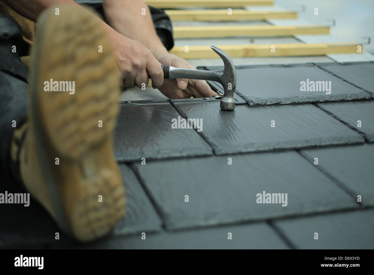 Bauarbeiter, der Einbau neuer Dach Schiefer Fliesen Stockfoto