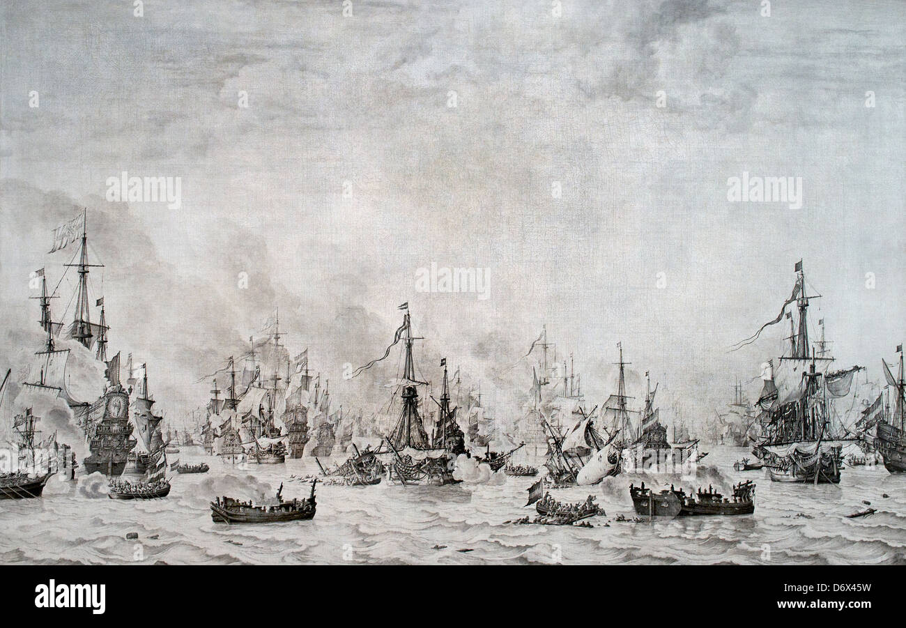 Schlacht auf den Downs am 21. Oktober 1639, eine sorgfältige historische Federzeichnung (penschilderij) von 1659 von Willem van de Velde dem Älteren. Niederlande, Niederländisch Stockfoto