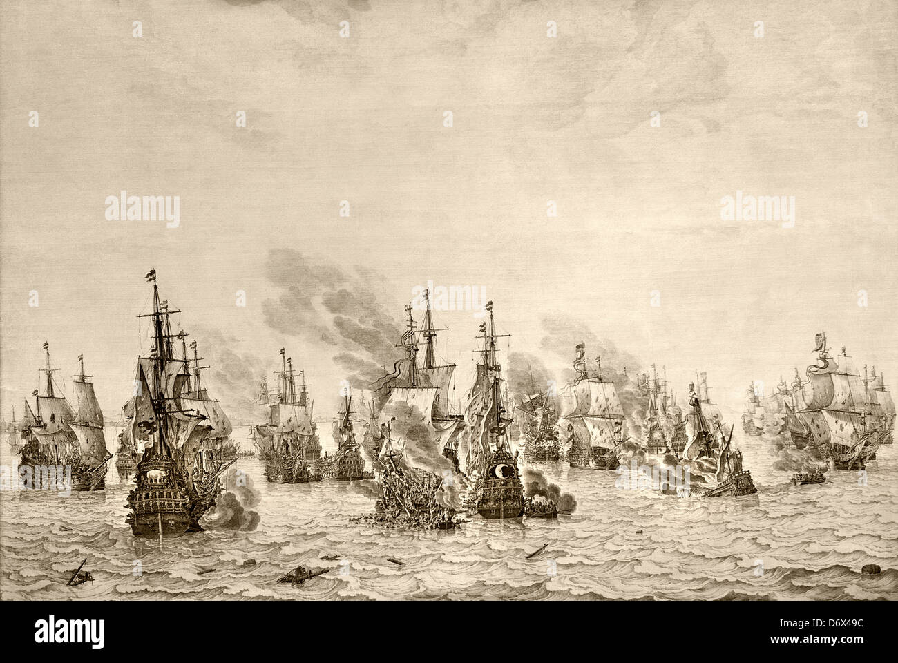 Der Kampf gegen die Spanier bei Dünkirchen 1659 De Zeeslag Tegen de Spanjaarden Bij Dünkirchen Willem van de Velde 1611-1693 Stockfoto